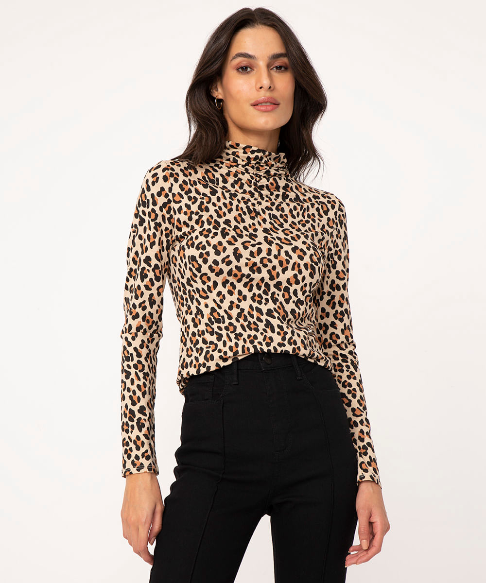 blusa de viscose animal print com franzido gola alta bege