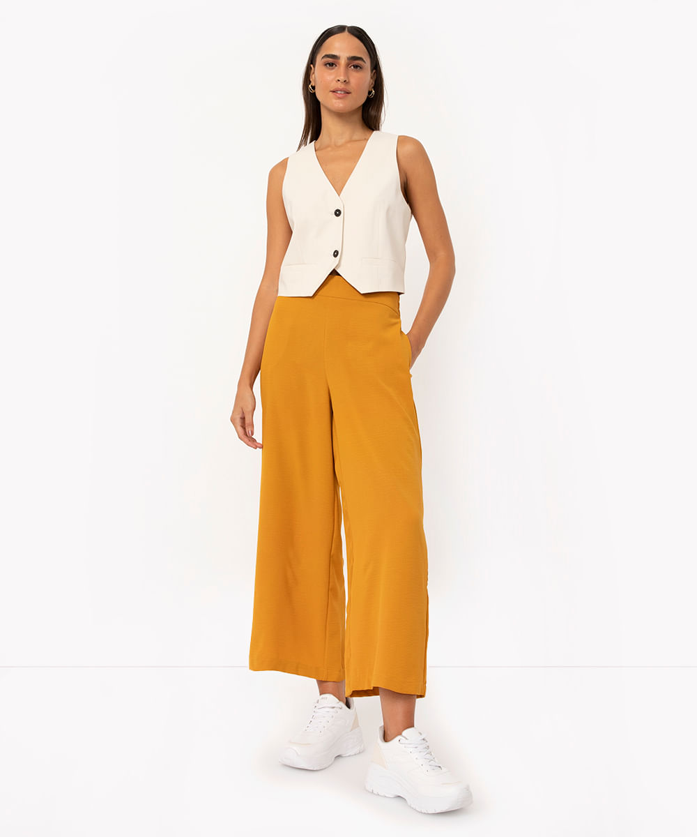 calça wide leg cintura alta com bolsos amarelo