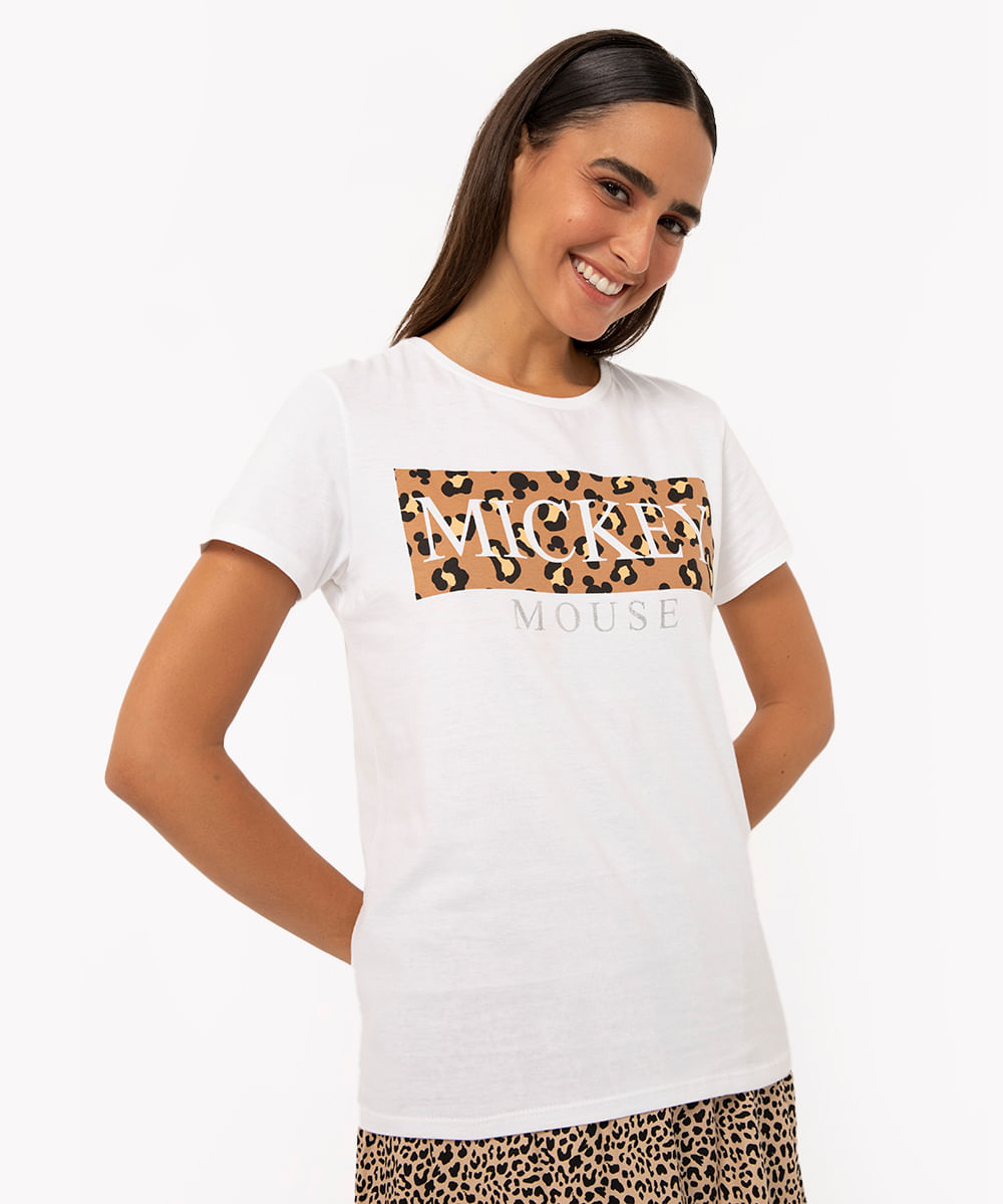 camiseta de algodão manga curta mickey mouse off white