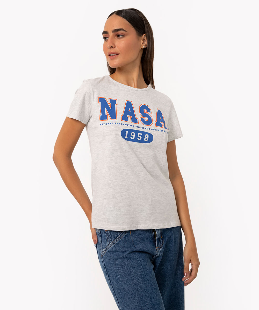 camiseta de algodão manga curta nasa cinza mescla