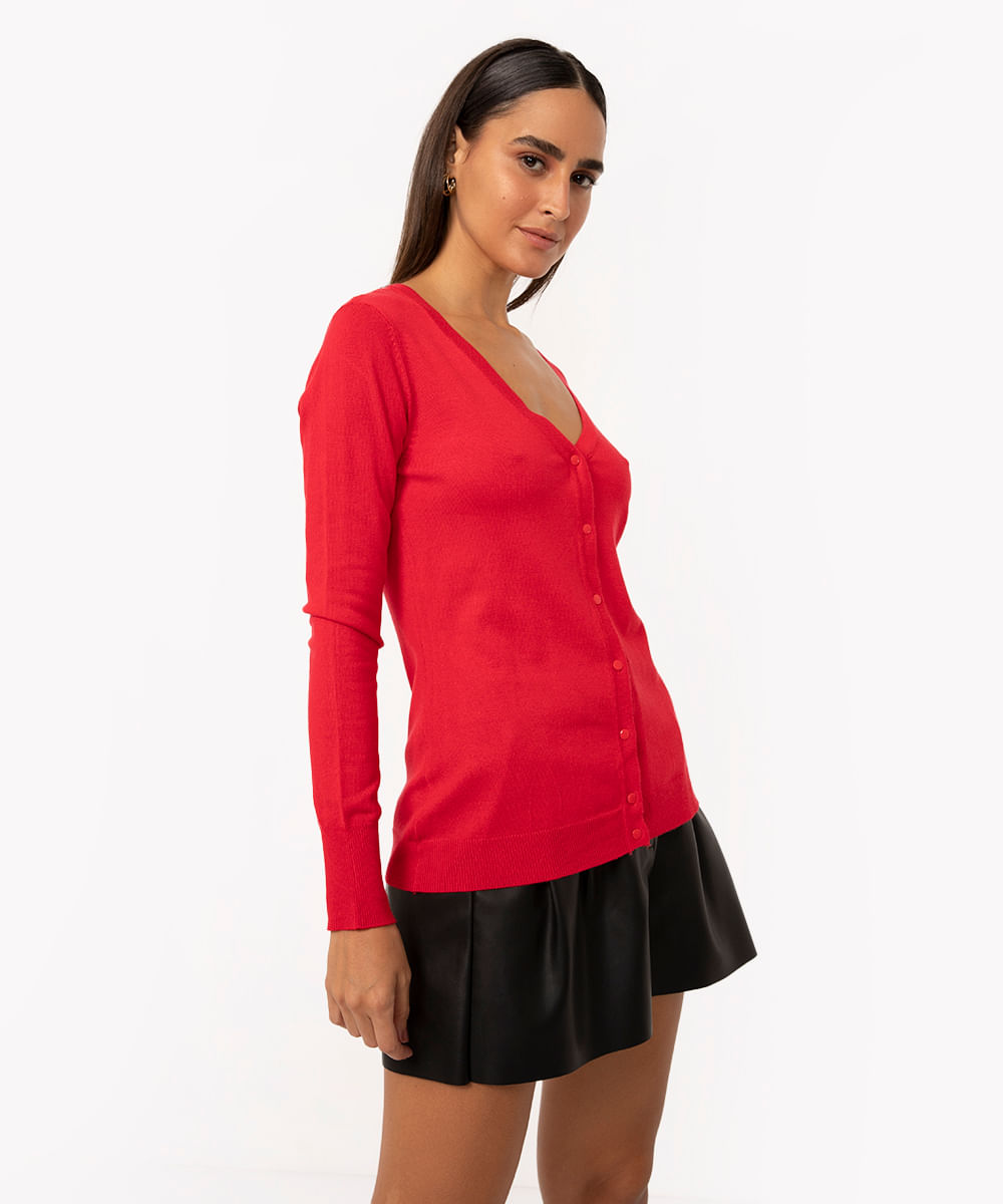 cardigan de tricô manga longa decote v vermelho médio