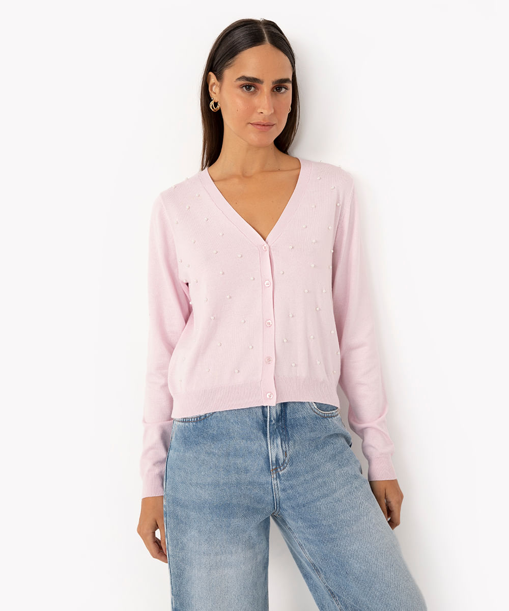 cardigan de tricô com pérolas lilás