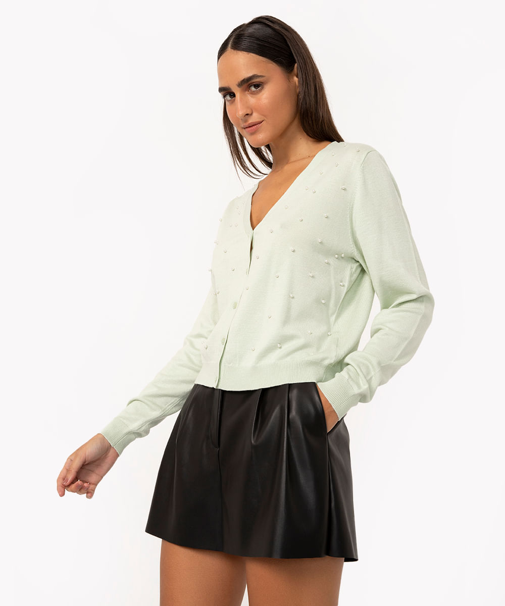 cardigan de tricô com pérolas verde claro