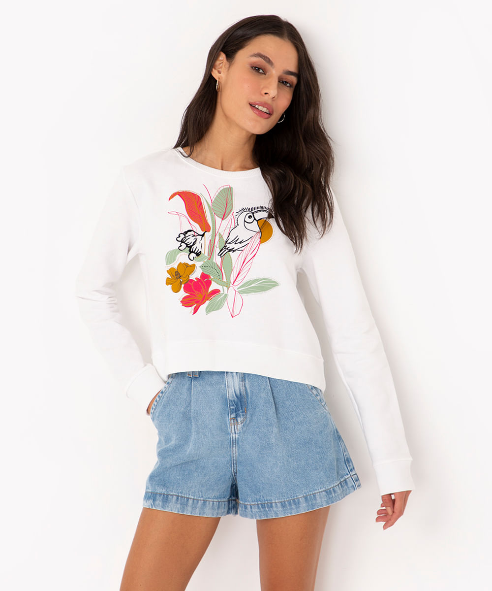 blusão cropped de moletom folhagens off white