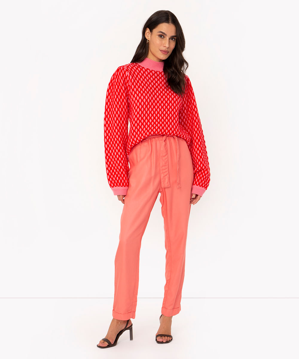 calça clochard de viscose cintura super alta com amarração coral