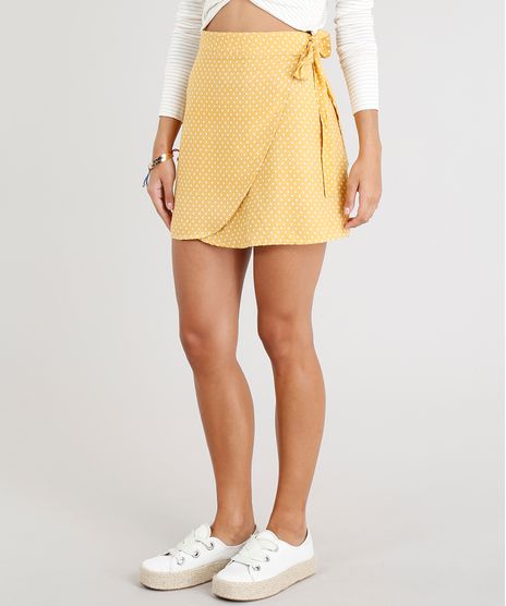 Saia-Envelope-Feminina-com-Amarracao-Curta-Estampada-de-Poa-Mostarda-9318935-Mostarda_1