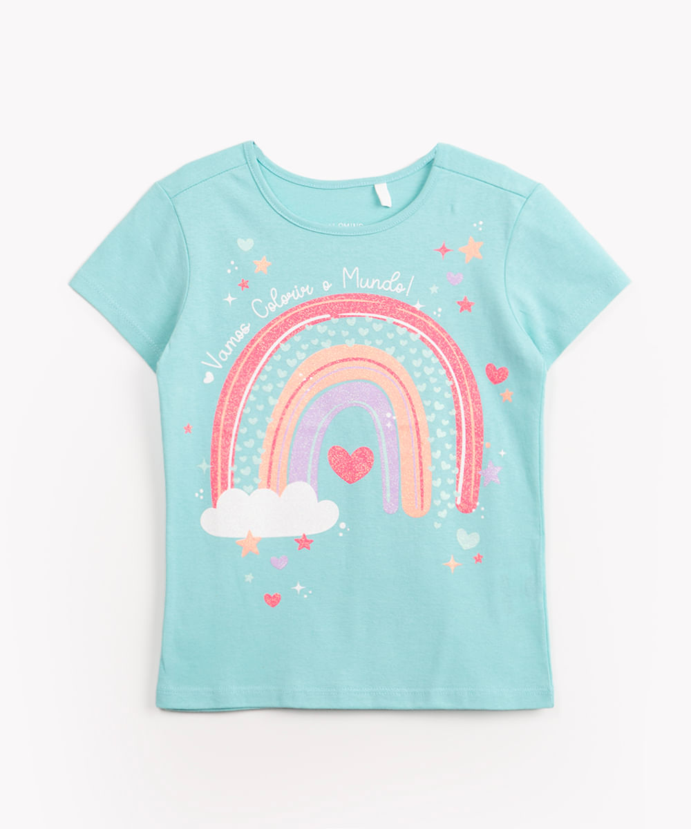 blusa infantil de algodão arco-íris manga curta azul