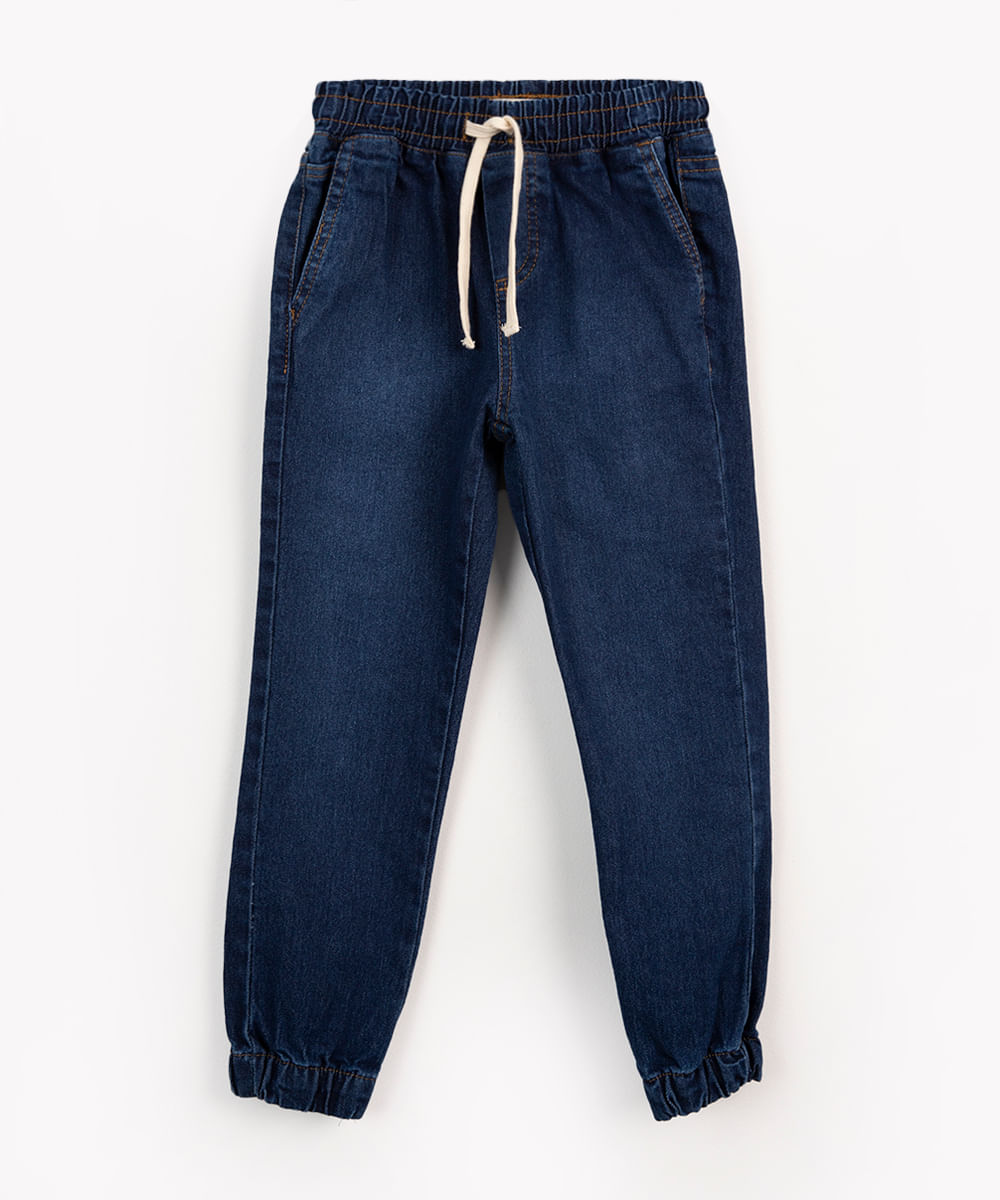 calça jeans infantil jogger com cordão azul escuro