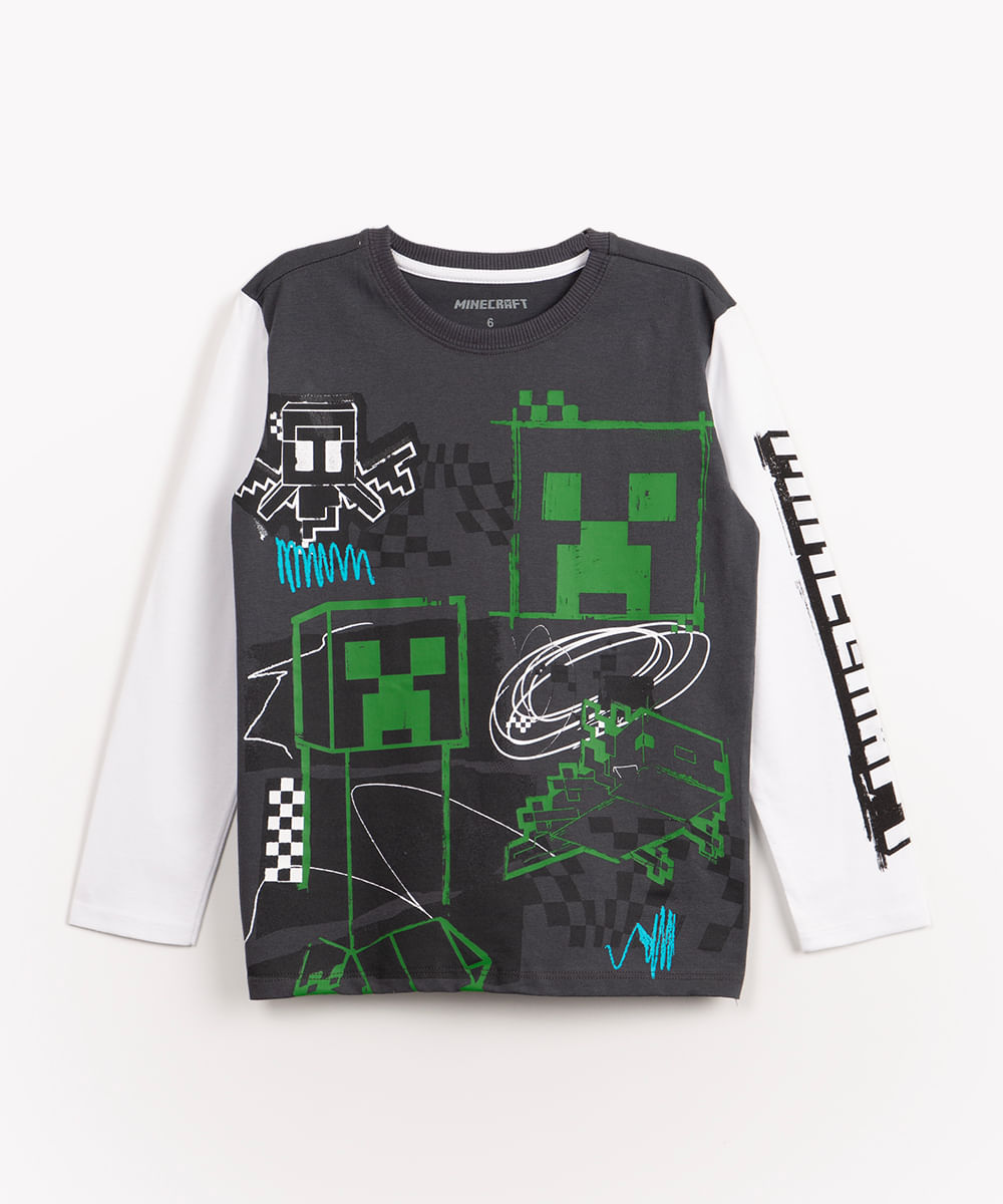 camiseta infantil de algodão minecraft manga longa cinza escuro