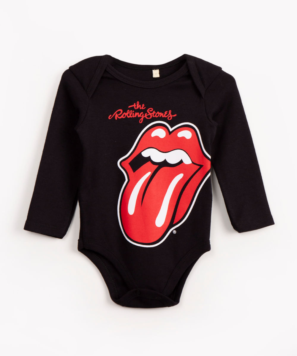 body infantil de algodão rolling stones manga longa preto