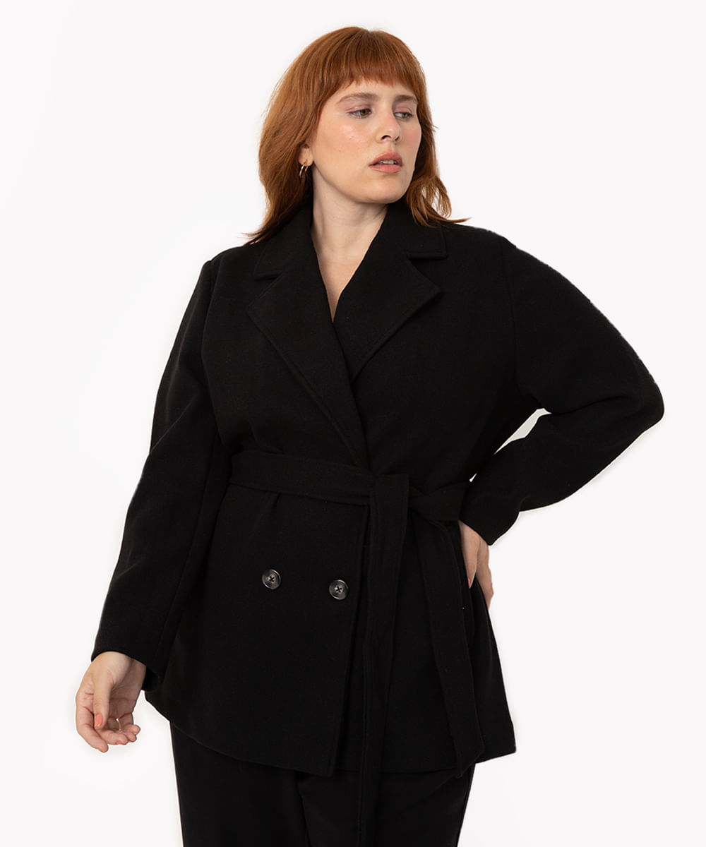 casaco trench coat plus size botões preto