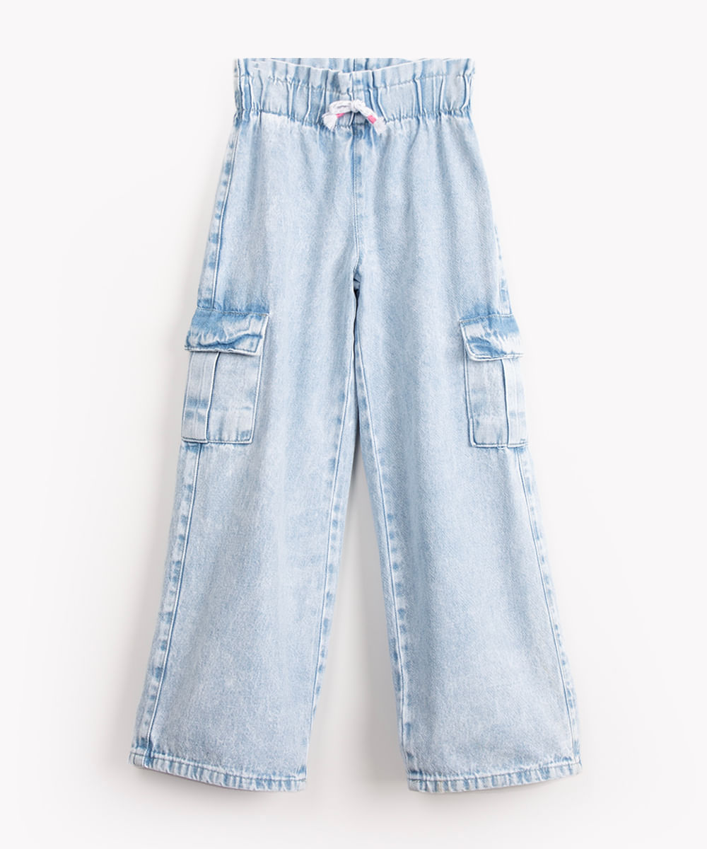 calça jeans infantil wide leg com elástico azul claro