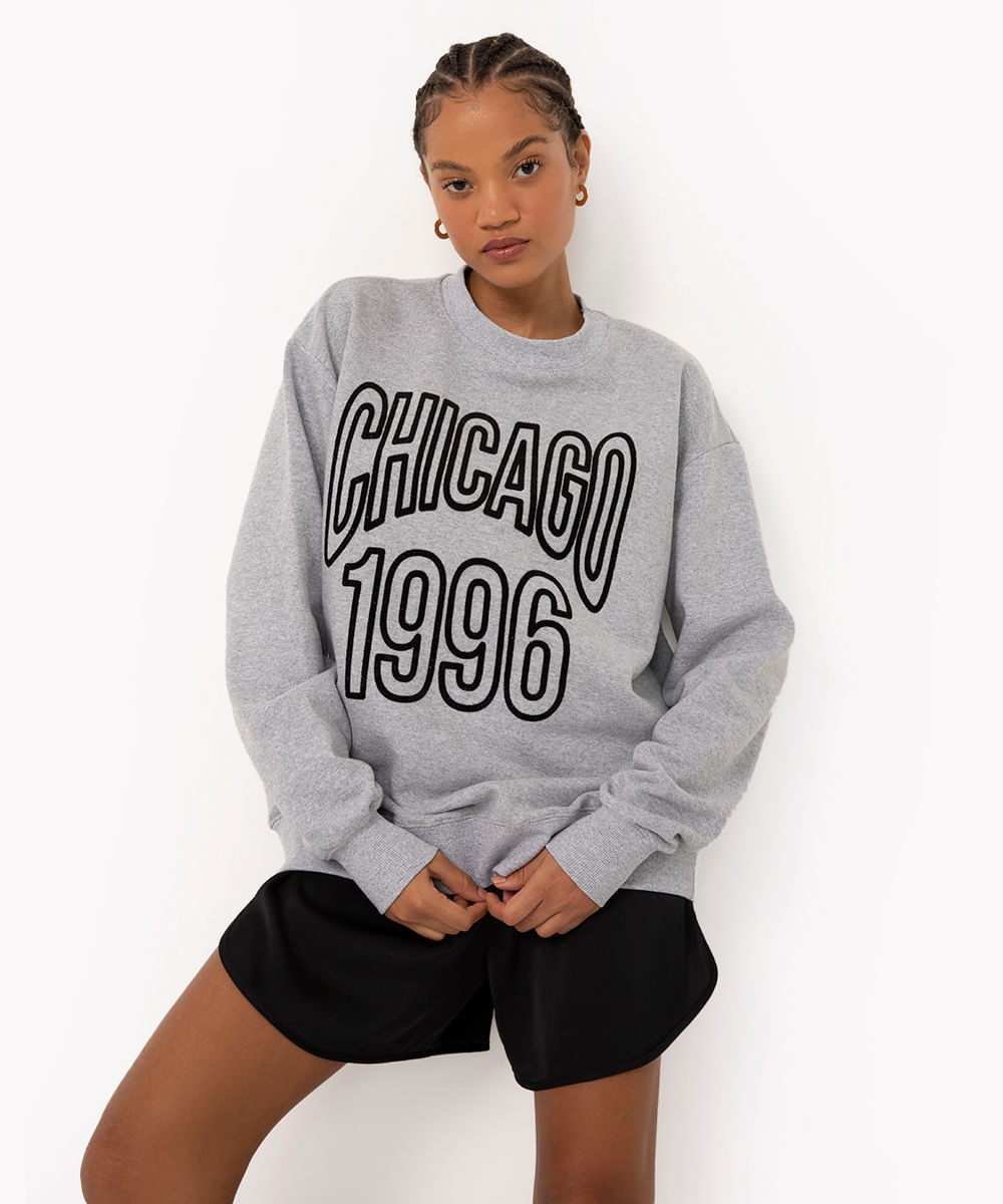 blusão de moletom oversized chicago cinza mescla