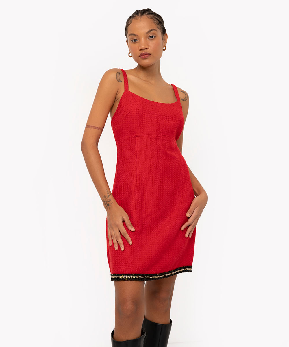 vestido curto de tweed corrente alça fina vermelho