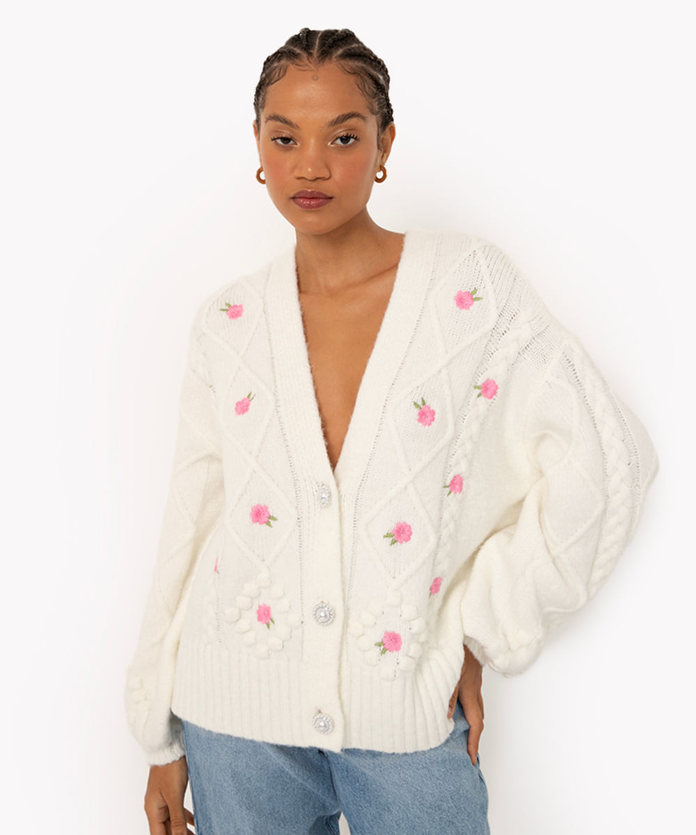 cardigan de tricot bordado floral off white