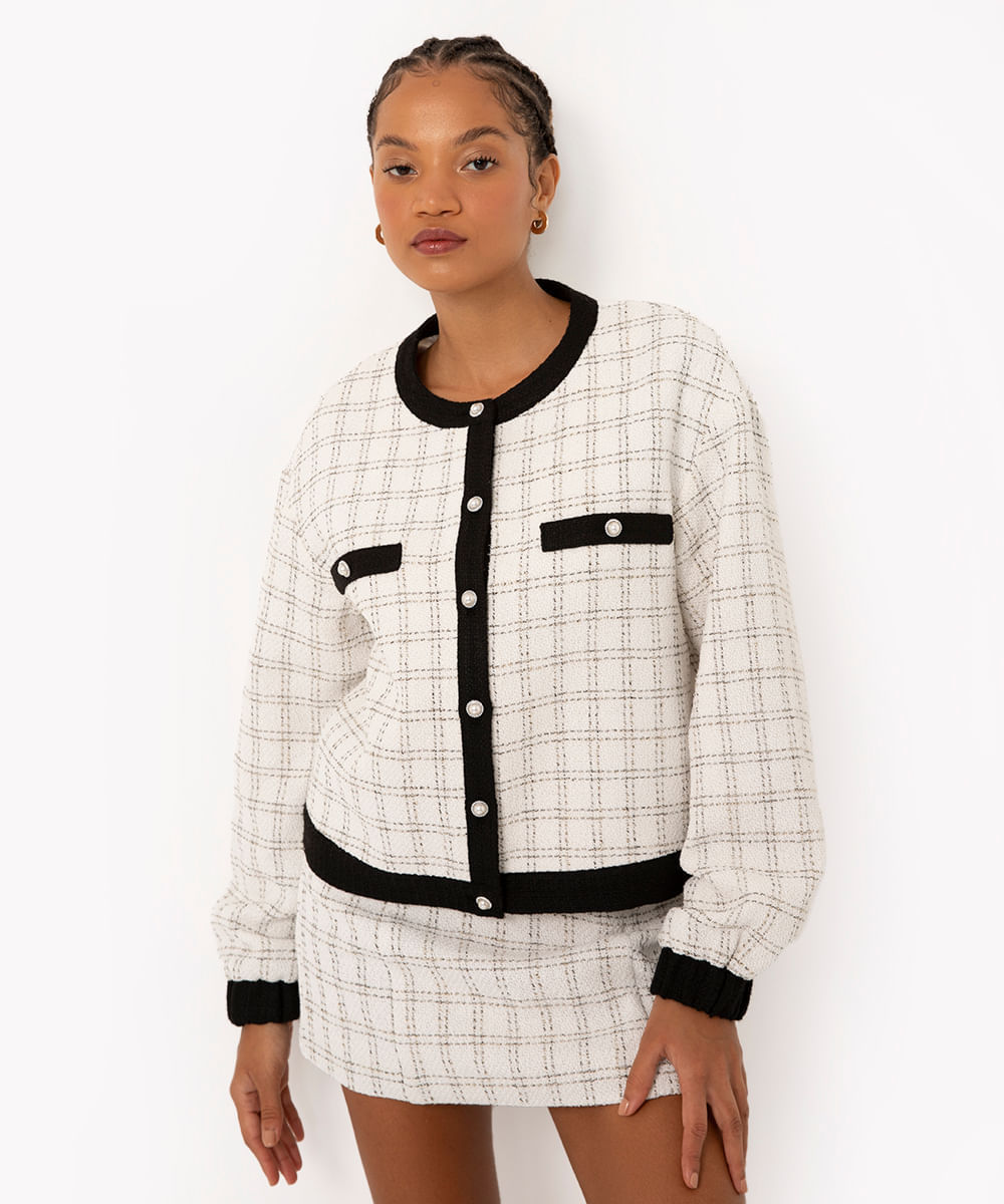 jaqueta de tweed botões manga longa off white