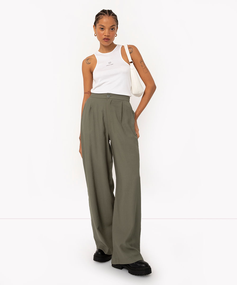 calça wide leg de viscose cintura alta com bolsos verde escuro