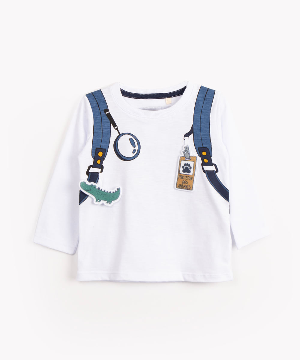 camiseta infantil flamê mochila interativa manga longa branco