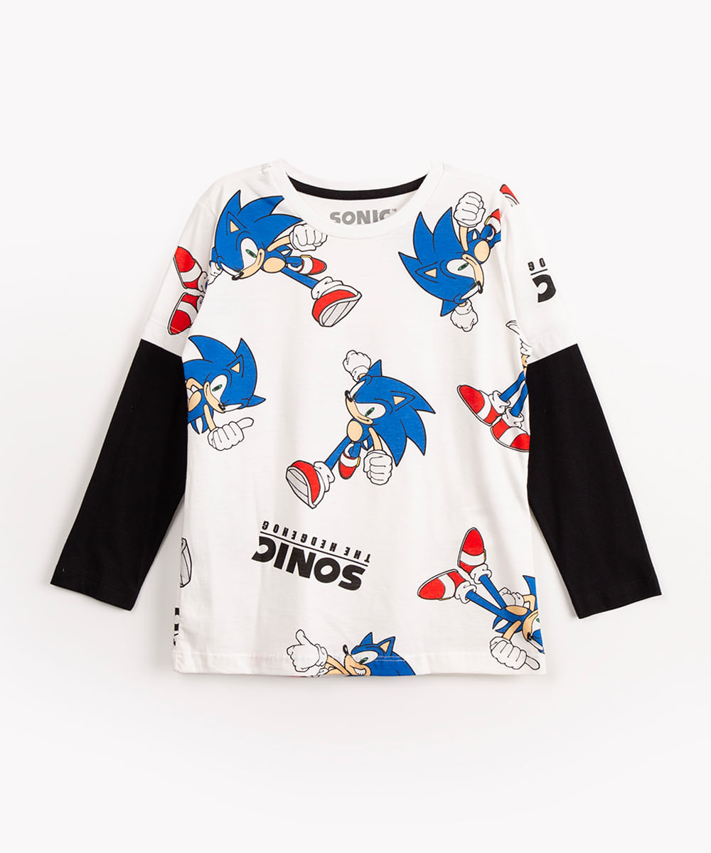 camiseta infantil de algodão sonic manga longa off white