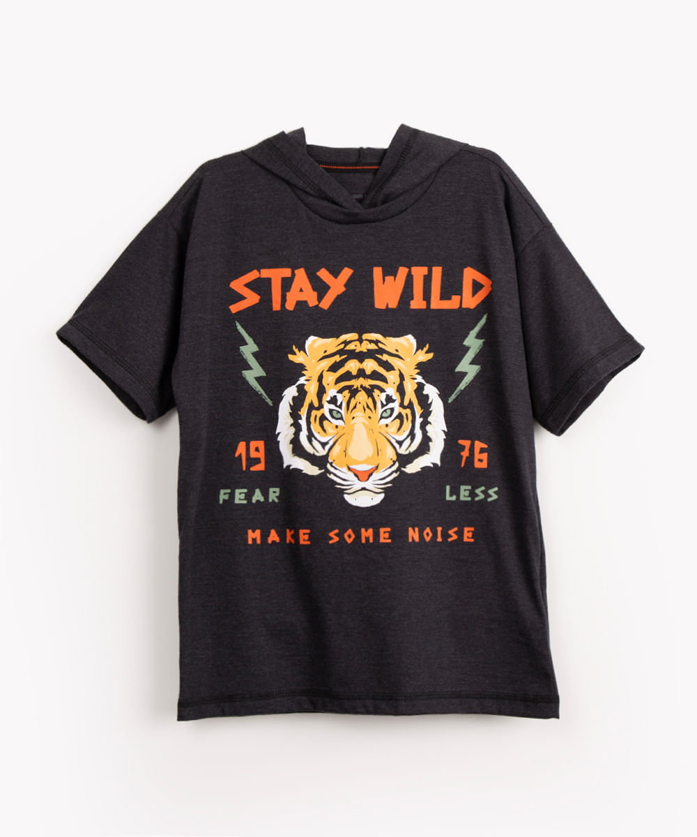 camiseta infantil de algodão tigre com capuz manga curta cinza escuro