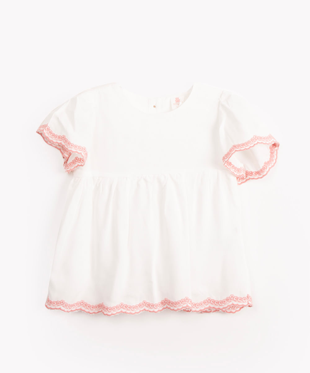 blusa infantil de algodão com bordado manga curta off white