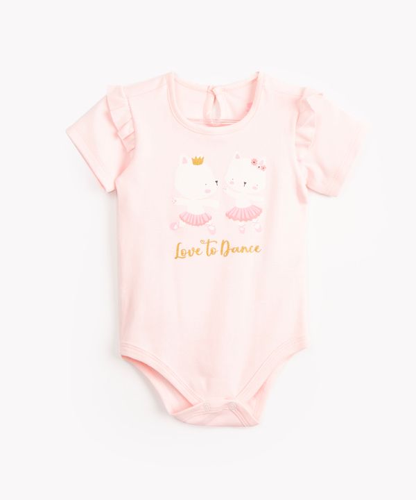 body infantil de algodão gatinho manga curta com babado rosa 12-18