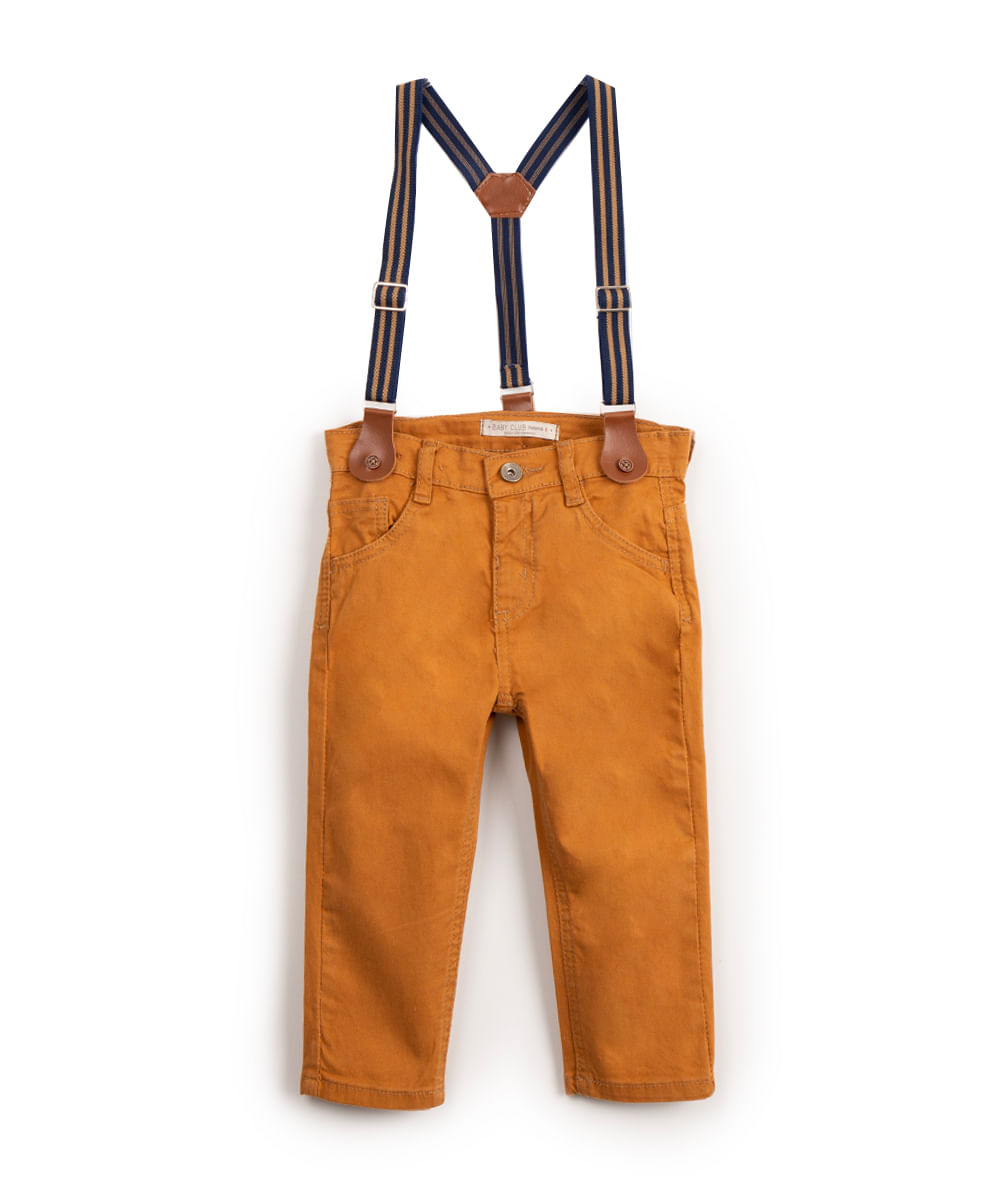 calça de sarja infantil com suspensório bege