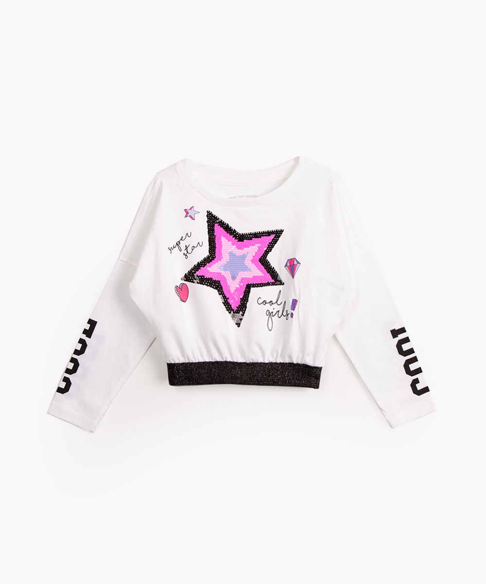 blusa infantil de algodão com paetê manga longa off white