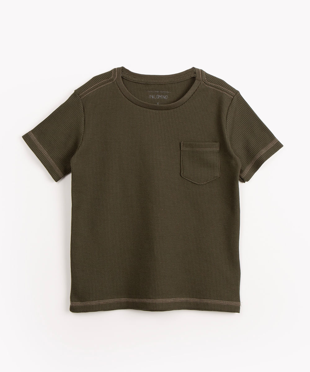 camiseta infantil de algodão texturizada com bolso manga curta verde militar