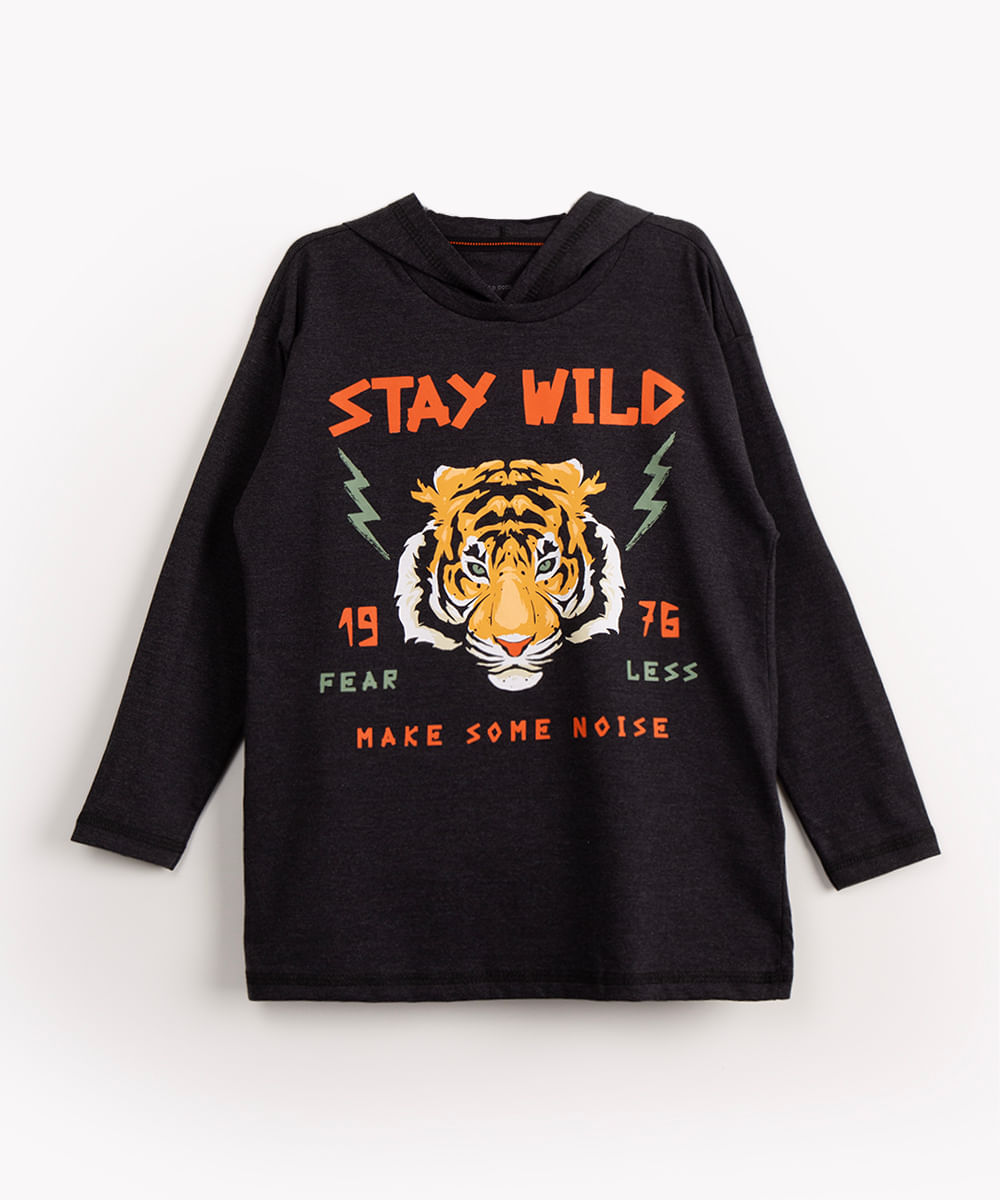 camiseta infantil de algodão tigre com capuz manga longa cinza escuro