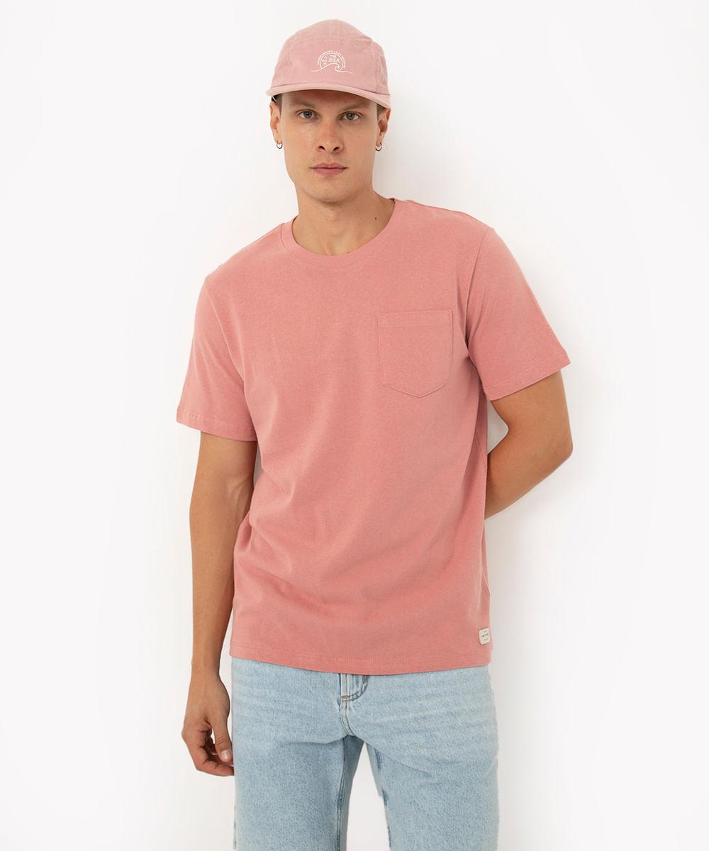 camiseta de algodão com bolso manga curta rosa claro