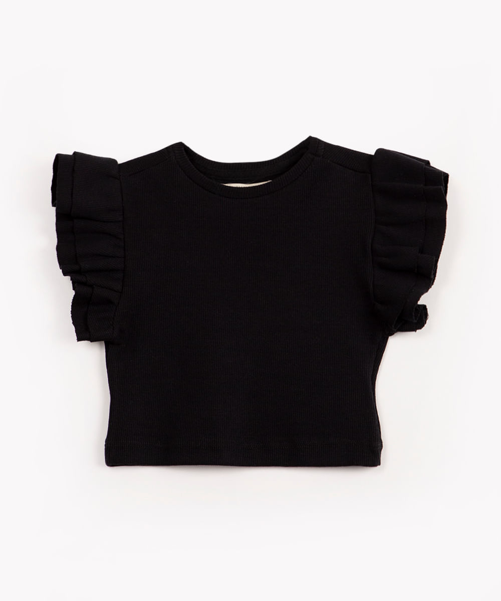 blusa infantil manga curta babados preto