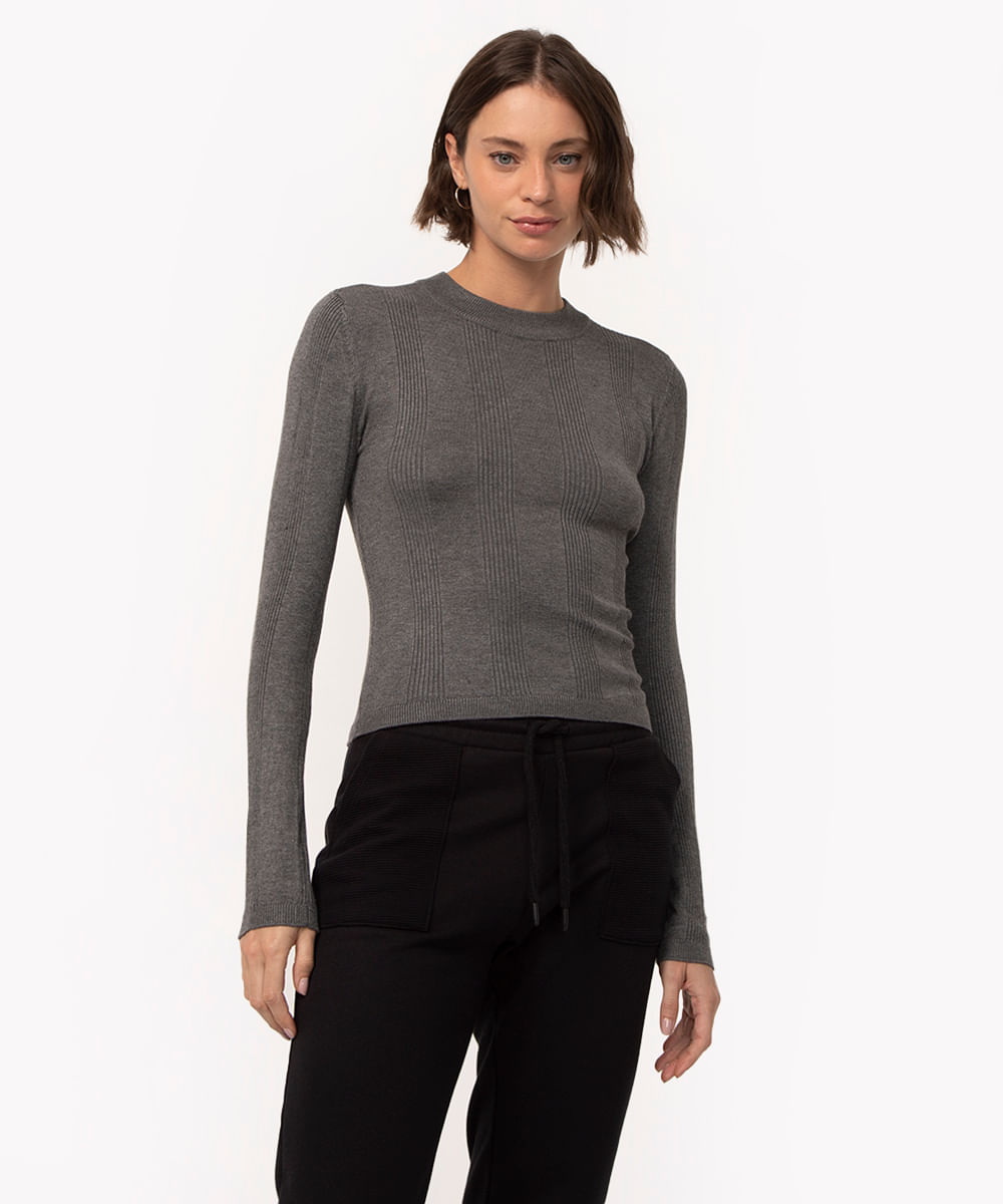 suéter básico de tricot canelado - chumbo