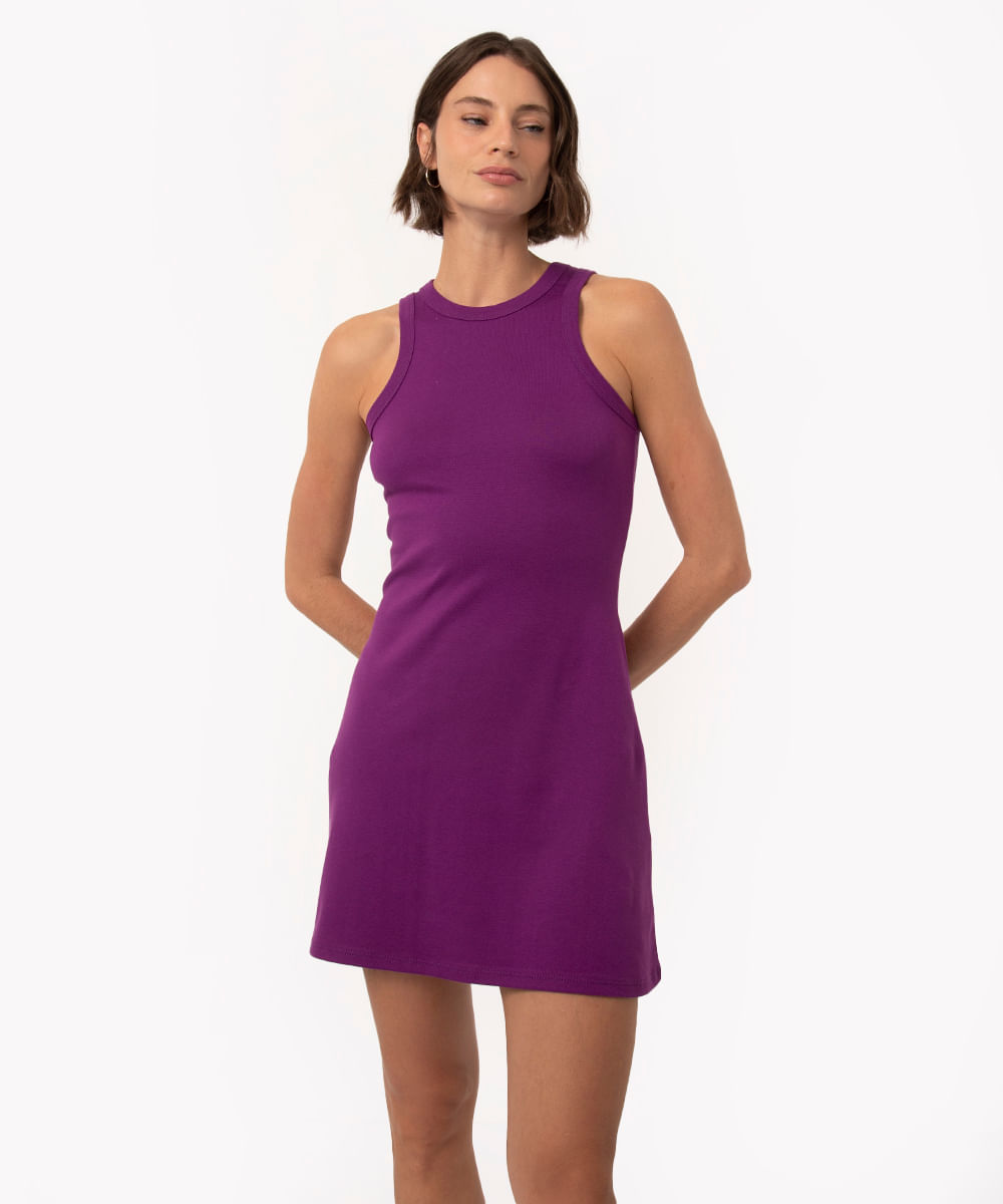 vestido de algodão curto básico decote halter neck roxo