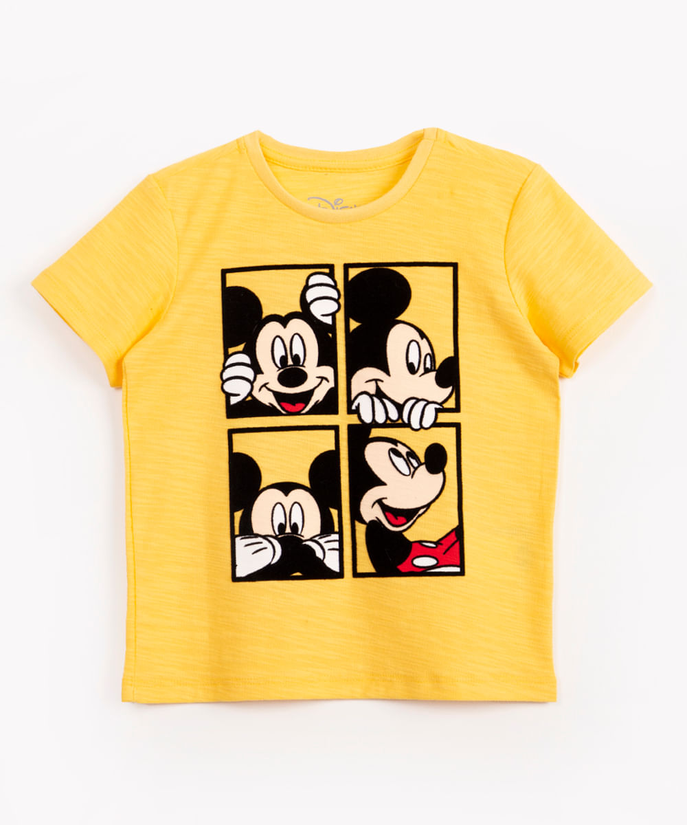 camiseta infantil de algodão mickey flocado manga curta amarelo