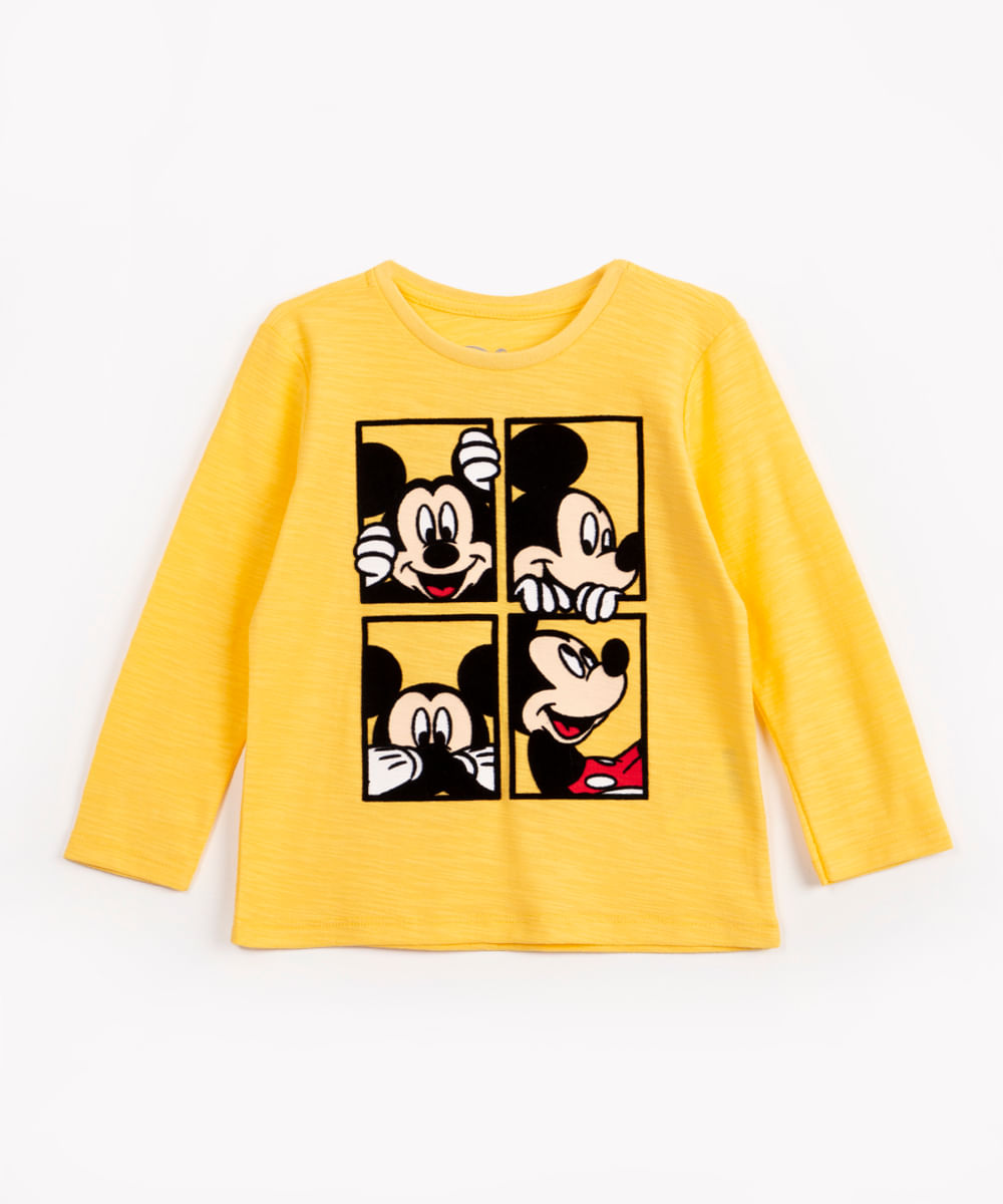 camiseta infantil de algodão mickey flocado manga longa amarelo