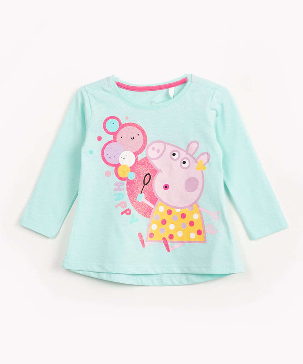 blusa infantil de algodão peppa pig manga longa verde claro