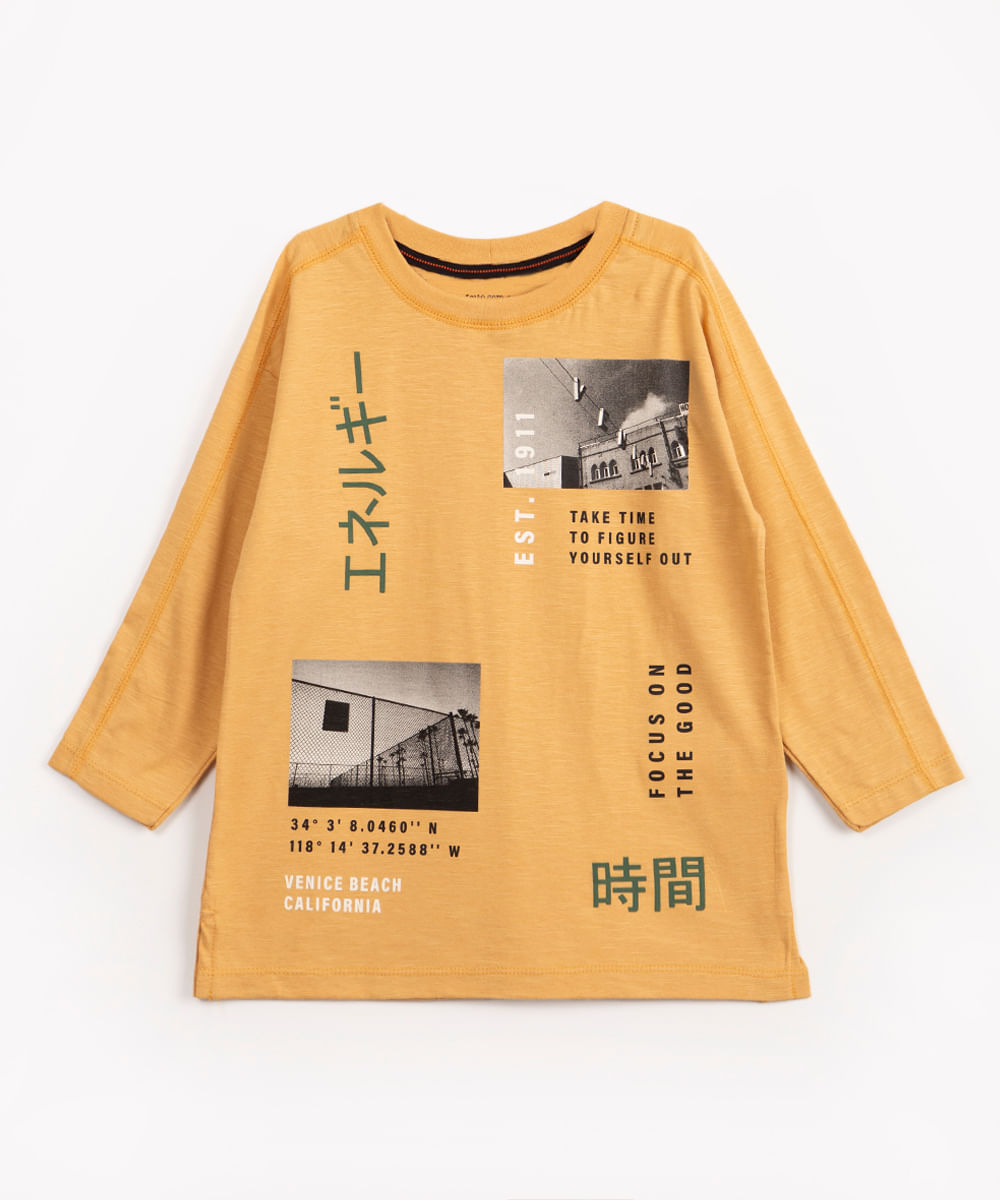 camiseta infantil de algodão kanji fotos manga longa amarela