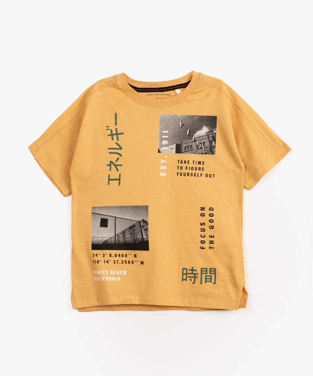 camiseta infantil de algodão kanji fotos manga curta amarela