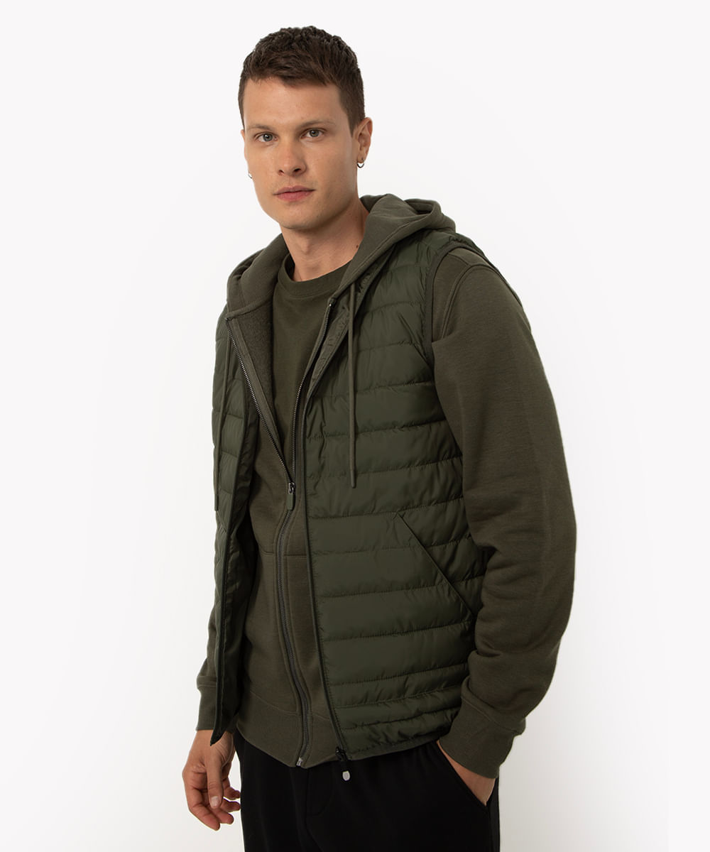 colete básico puffer gola alta verde militar