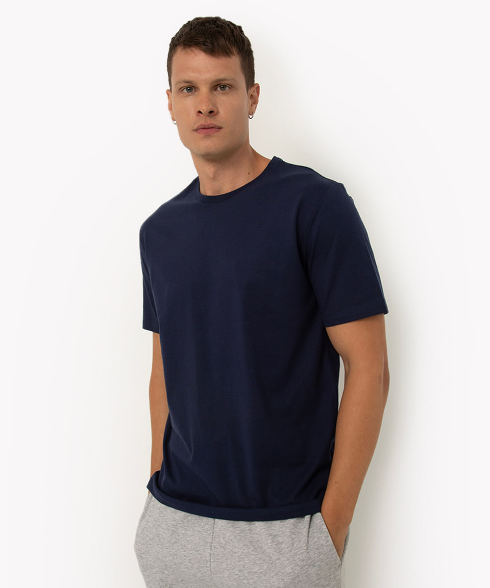 camiseta masculina de algodão básica manga curta azul
