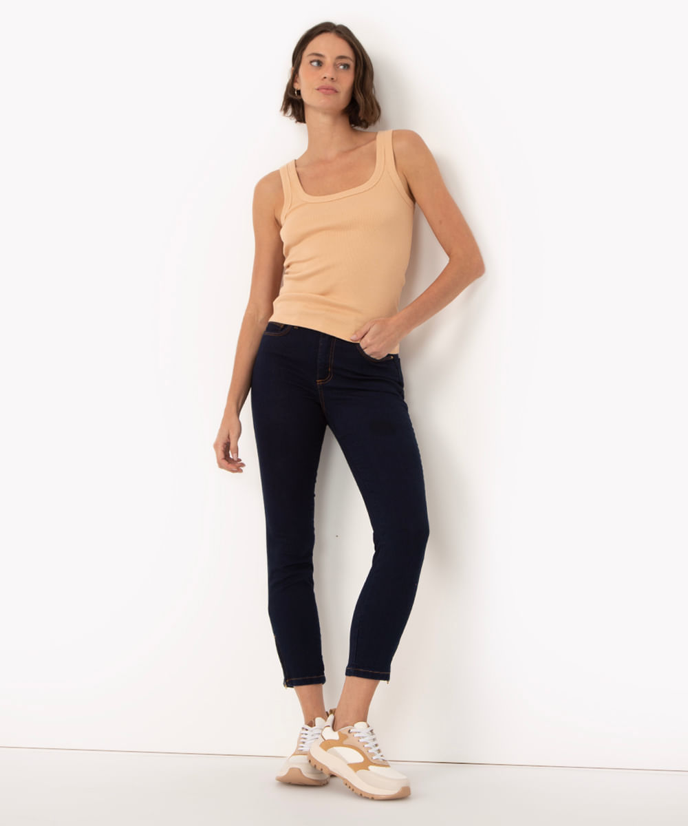 calça jeans super skinny cintura média com zíper azul escuro