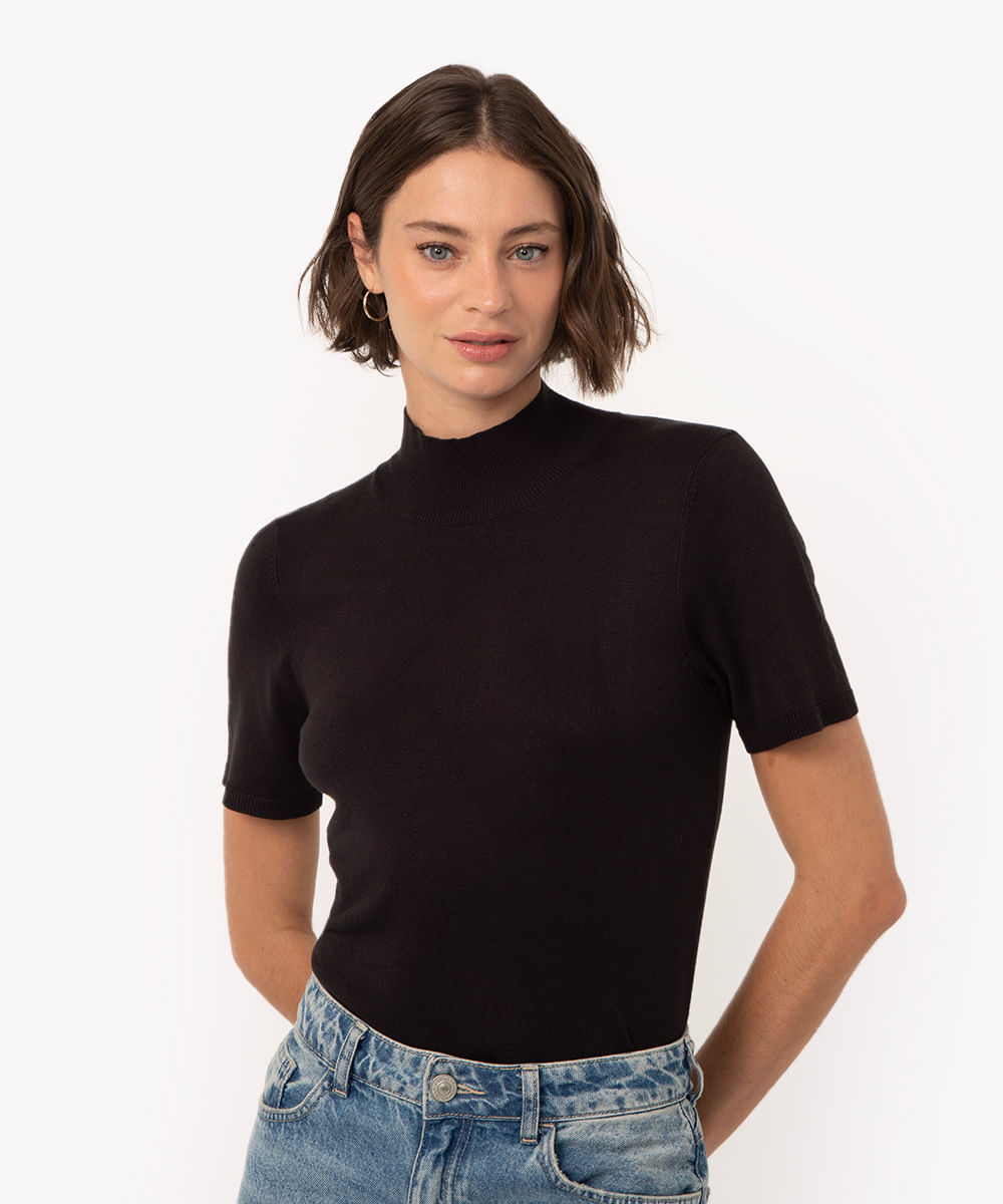 blusa de tricot viscose gola alta manga curta preto