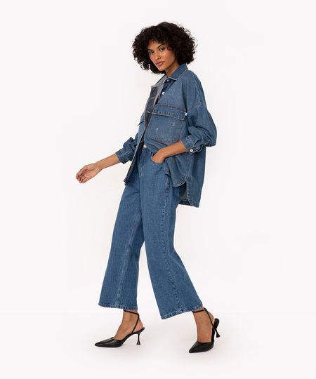 calça jeans wide leg cropped cintura super alta com bolsos azul escuro 34