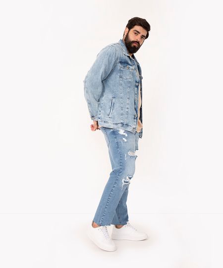 calça jeans slim cropped destroyed azul claro 38