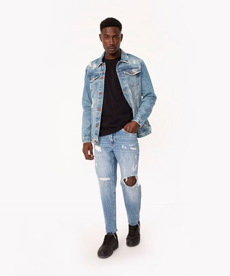 calça jeans reta destroyed com bolsos azul médio 36