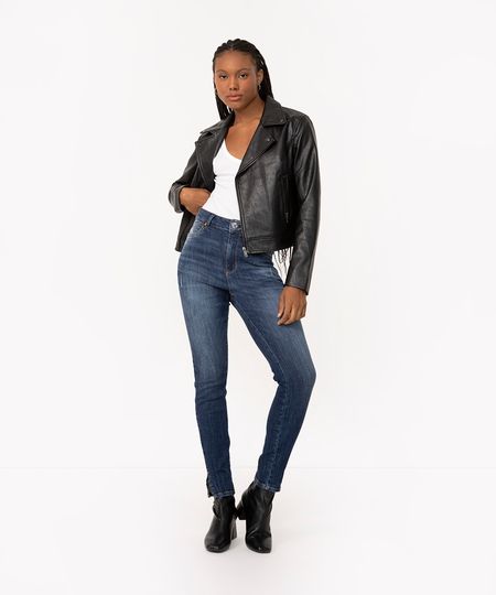 calça jeans skinny slit cintura alta com bolsos azul escuro 34