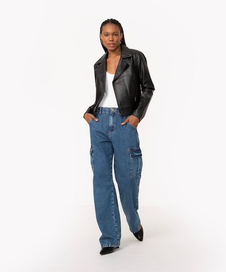 calça jeans reta cargo cintura super alta azul escuro 34