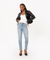 calça jeans skinny slit cintura alta com desfiados azul claro