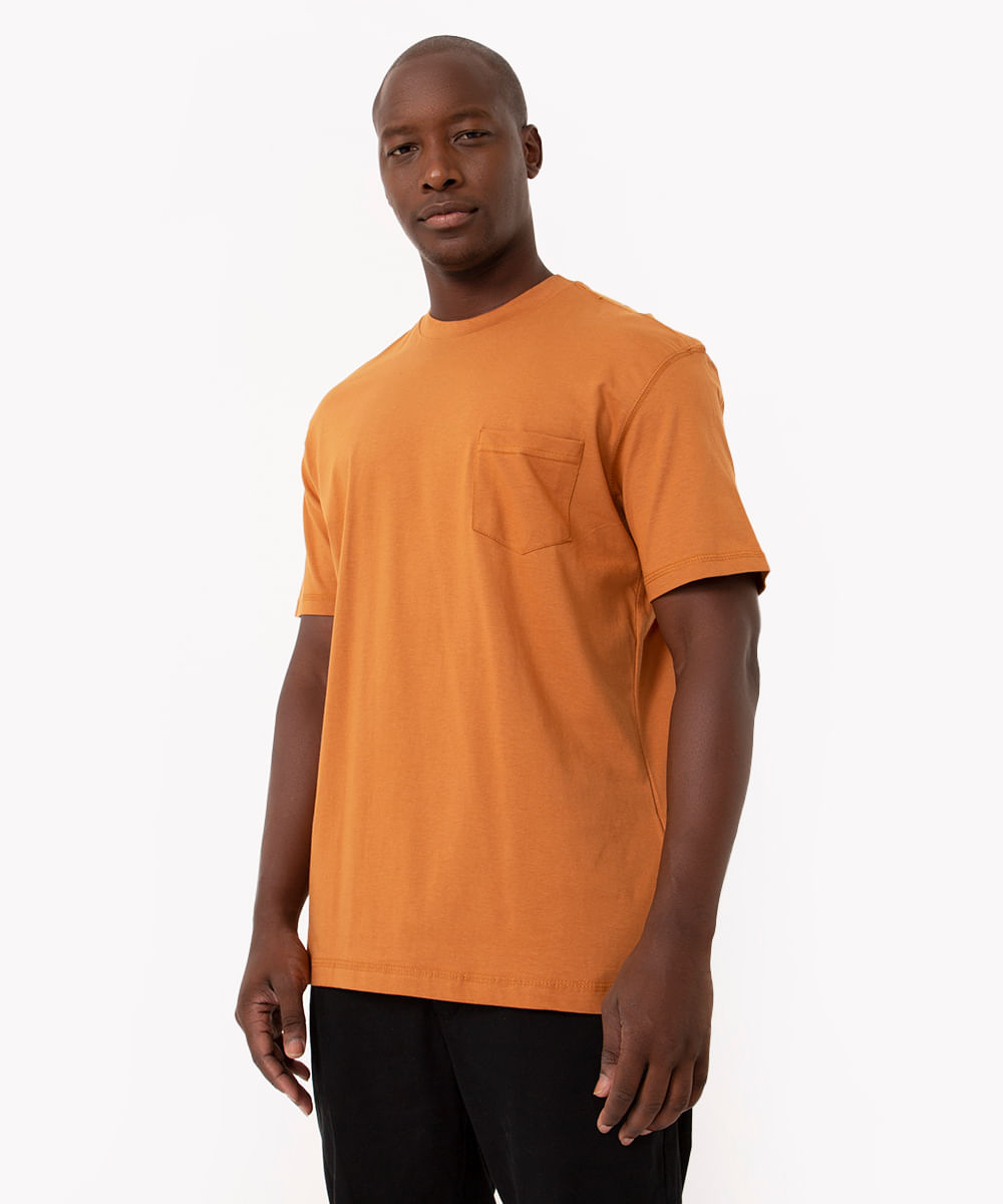 camiseta de algodão com bolso manga curta laranja